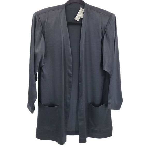 Vintage 80's Blazer Formal Silk Black Collarless Open Shoulder Pads Pockets 8 - Picture 12 of 12